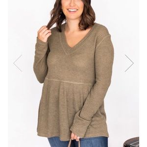 PINK LILY OLIVE PEPLUM WAFFLE BLOUSE